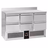 Koelwerkbank PREMIUM - 1365x700mm - 368 liter - front zwart - met 6 lades - opstand