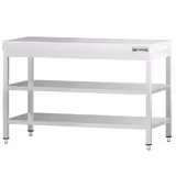 Mesa de trabalho em aço inoxidável PREMIUM - 1200x600mm - com prateleira inferior & com prateleira intermédia & com travessas de reforço