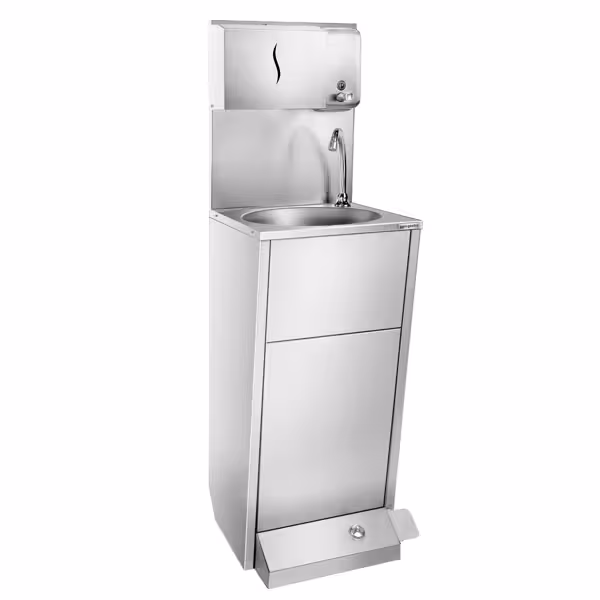 Commercial Hand Wash Basin - Stainless Steel, Foot Pedal – Soap & Paper Towel Dispensers – Mains Water – Washing/Drying series – 400×427×1330 mm