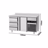 Koelwerkbank PREMIUM - 1400x700mm - 1 deur - 3 lades - met spatrand - GN 1/1