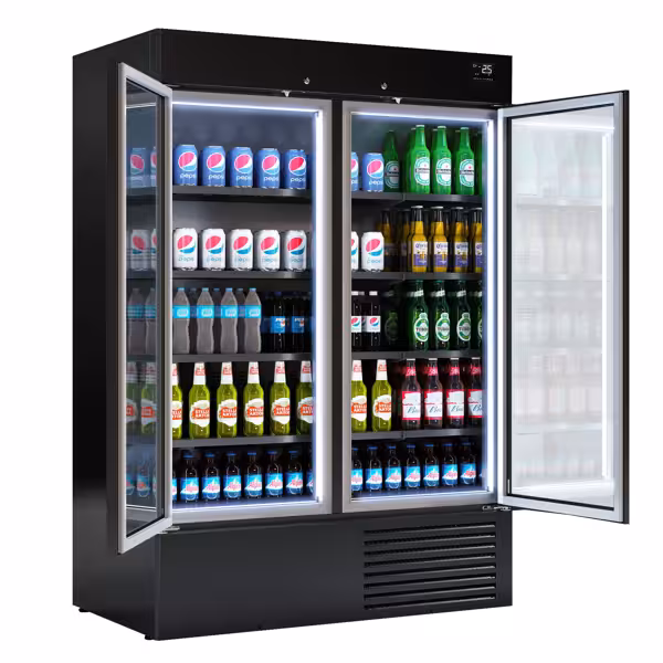 Murale Refrigerato Professionale - 1384mm - 1310l - +4°/+8°C - con 2 porte a battente in vetrocamera & 4 ripiani - Nero