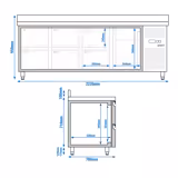 Koelwerkbank ECO - 2230x700mm - met 1 deur - 6 lades - met opstand