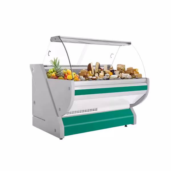 Banco gastronomia professionale / Banco Macelleria - 1525x1150mm - Statica - 300 L - Vetro curvo - Colore Verde - Pannello frontale Verde - piano di lavoro in granito