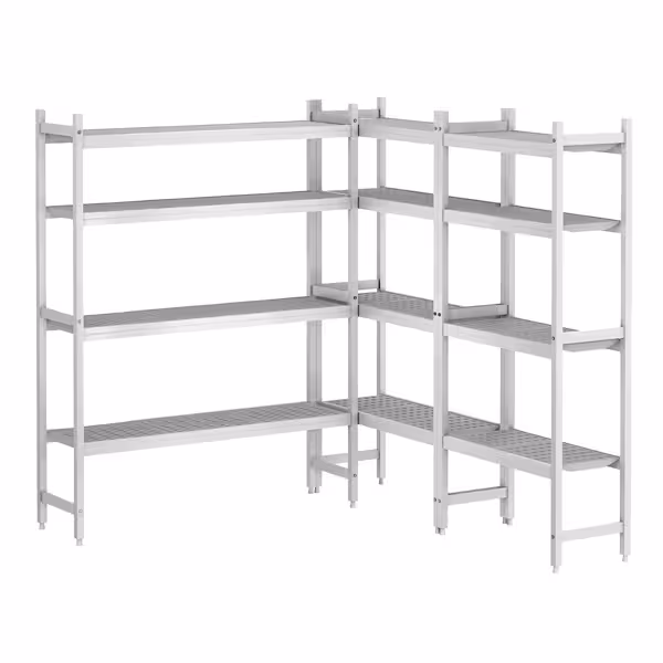 Aluminium/kunststof stelling - hoekopstelling L-vorm rechts - Diepte: 360mm - met 4 schappen (in hoogte verstelbaar) - Draagvermogen totaal: 600kg