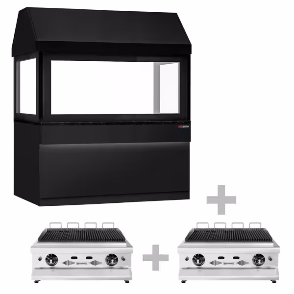 Commercial Gas Chargrill TORONTO - 1910mm - Freestanding - 900mm Deep - 8 Grill Grids - Cast-Iron Cooking Grids - Black-front Fascia - Black Granite Worktop - Tempered Glass Heat Guard