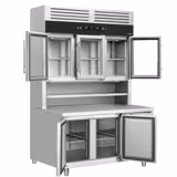 Mostrador refrigerado con estante de refrigeración de pared - 1350x800mm - vitrina expositora con 3 puertas de cristal (superior) - 3 puertas inferiores - GN 1/1 y GN 2/3 - doble acristalamiento