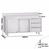 Tavolo armadiato in acciaio inox ECO - 1600x700mm - con 3 cassetti a destra - con alzatina