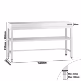 Mesa de trabalho em aço inoxidável PREMIUM - 1500x700mm - com prateleira inferior & com travessas de reforço