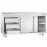 Tavolo armadiato in acciaio inox PREMIUM - 1400x700mm - con 3 cassetti a sinistra senza alzatina	