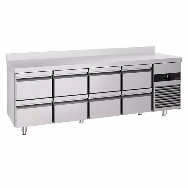 Mostrador refrigerado PREMIUM - 2330x700mm - con 8 cajones - encimera con alzatina - GN 1/1 - refrigeración ventilada