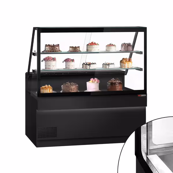 Banco gastronomia professionale TORONTO - 1600x900mm - Ventilata - 1500 L - Doppi vetri - con 2 ripiani - piano di lavoro in granito - Colore Nero opaco