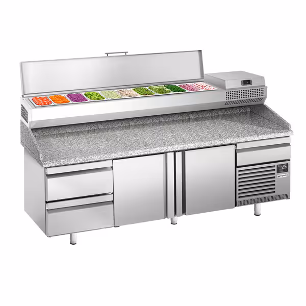 Pizzawerkbank PREMIUM PLUS - 3305x800mm - granieten werkblad - met 3 deuren & 3 laden - incl. koelopzetvitrine - 11x GN 1/4