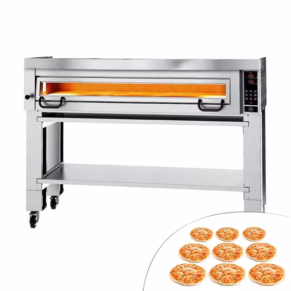 Elektrische pizzaoven (chamotte bakvloer) - 1480x1360x1135mm - 1 kamer - 1x9 pizza’s Ø34cm - tot 450°C - Touch - incl. rvs afzuigkap & onderstel met wielenset