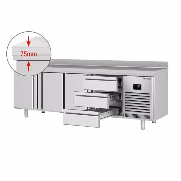 Mostrador refrigerado PREMIUM PLUS - 2452x700mm - de trabajo - 3 puertas - 3 cajones - con alzatina