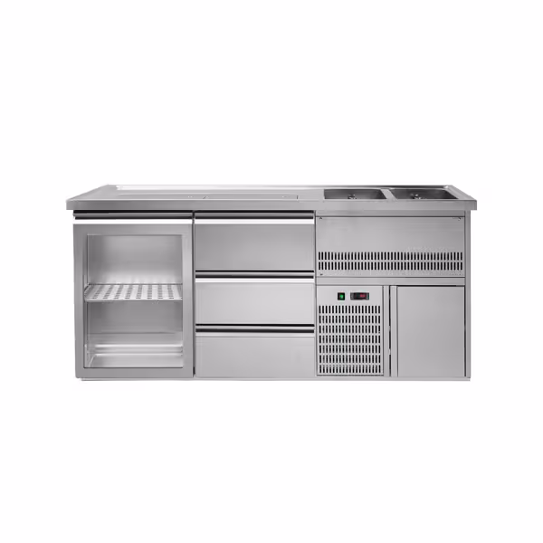 Frigider  pentru bere 1,95 x 0,7 m - cu 1 ușă din sticlă şi 3 sertare 1/3 + 1/3 + 1/3