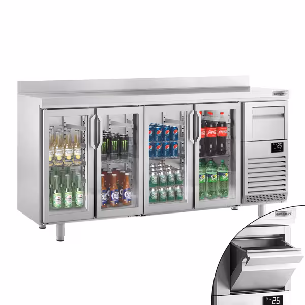 Barkoelkast PREMIUM PLUS - 2452x600mm - met 4 glazen deuren, spatrand & uitklopper voor koffie - 690l