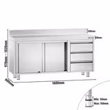 Szafka robocza ze stali nierdzewnej PREMIUM - 1600x600mm - z 3 szufladami prawa i podniesioną krawędzią