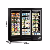 Commercial wall-mounted refrigerated display shelving - 1890 mm - 1539 litres - with 3 double-glazed hinged doors and 5 shelves