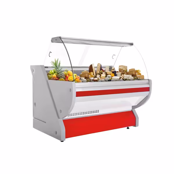 Banco gastronomia professionale / Banco Macelleria  - 1525x1150mm - Statica - 300 L - Vetro curvo - Colore Rosso - piano di lavoro in granito - servizio assistito
