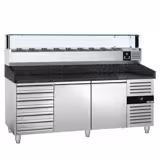 Commercial Pizza Prep Counter - Granite Top PREMIUM - 2025x800mm - with 2 doors & 7 drawers - incl. refrigerated topping unit with glass sneeze guard LED - 9x GN 1/3