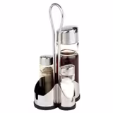 (6 pcs) Complete Cruet Set ECONOMIC - 4-piece - Stainless steel stand - Glass; Stainless steel lids - with pourer spout included; drip-free - incl. 2 oil & vinegar bottles; 2 salt & pepper shakers; stand