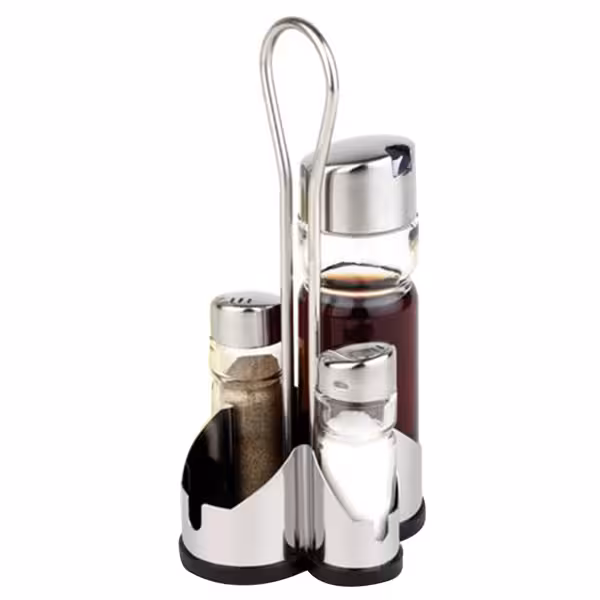 (6 pièces) Ménage - ECONOMIC - support en inox - incl. 4 récipients en verre - avec becs verseurs anti-goutte