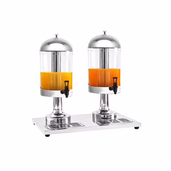 Commercial Juice Dispenser - 2x polycarbonate tanks with tap & ice inserts - 2x 8 Litres - Stainless steel - incl. drip tray & lid