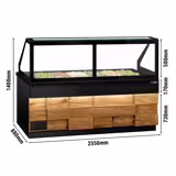 Saladette TORONTO - 2550mm - houtlook front - 4 deuren - met rechte glazen opzetvitrine voor 6x GN 1/1 - granieten werkblad