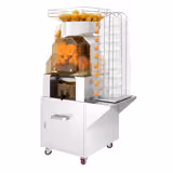 Exprimidor de naranjas automático - 370W - 135kg - con 25 naranjas/min, fruta 60–80mm, alimentación automática, grifo, piezas aptas lavavajillas, sensor de seguridad, autoservicio - Acero inoxidable - incl. bastidor inferior