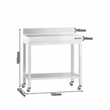 Edelstahl Arbeitstisch PREMIUM - 700x600mm - mit Grundboden, Aufkantung & Rollen