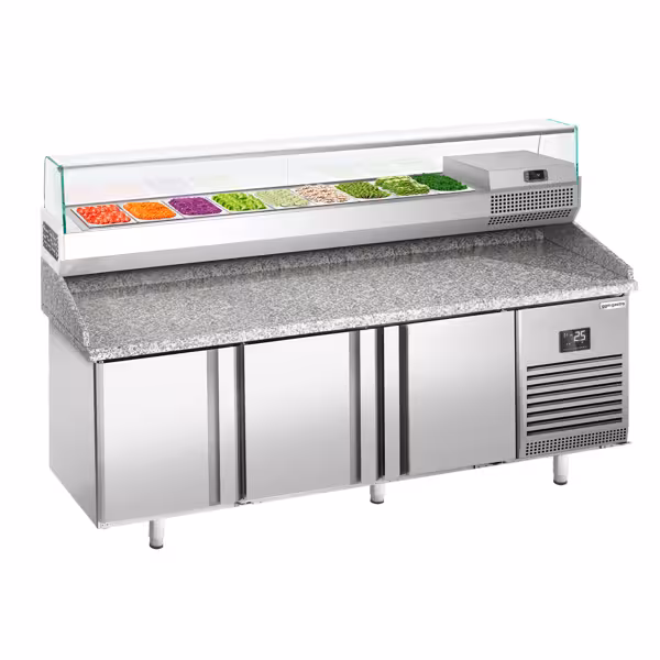 Commercial Pizza Prep Counter - Granite Top PREMIUM PLUS - 1980x700mm - with 3 doors - incl. refrigerated topping unit with glass sneeze guard - 9x GN 1/4