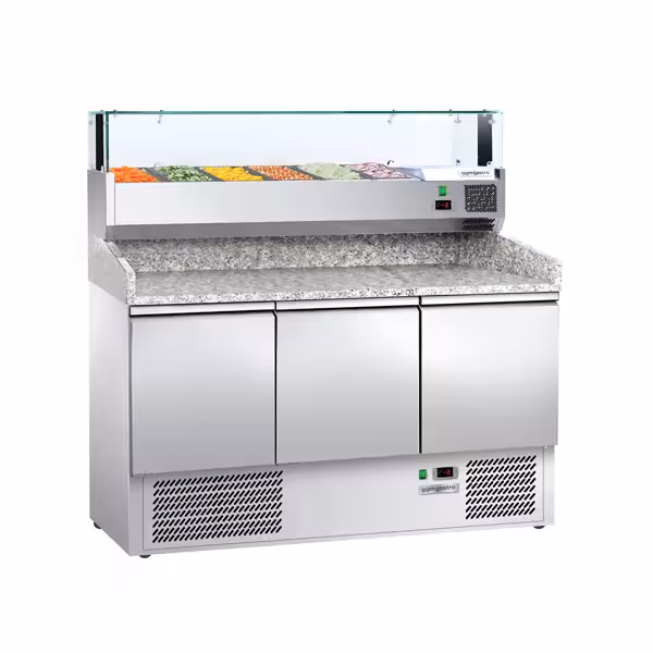 Pizzawerkbank ECO - 1400x700mm - met granieten werkblad - met 3 deuren - incl. glasvitrine LED - 6x GN 1/4