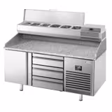 Table réfrigérée à pizza Premium PLUS - 1490x700 mm - avec 1 porte & 3 tiroirs - incl. vitrine réfrigérée - 6x GN 1/4