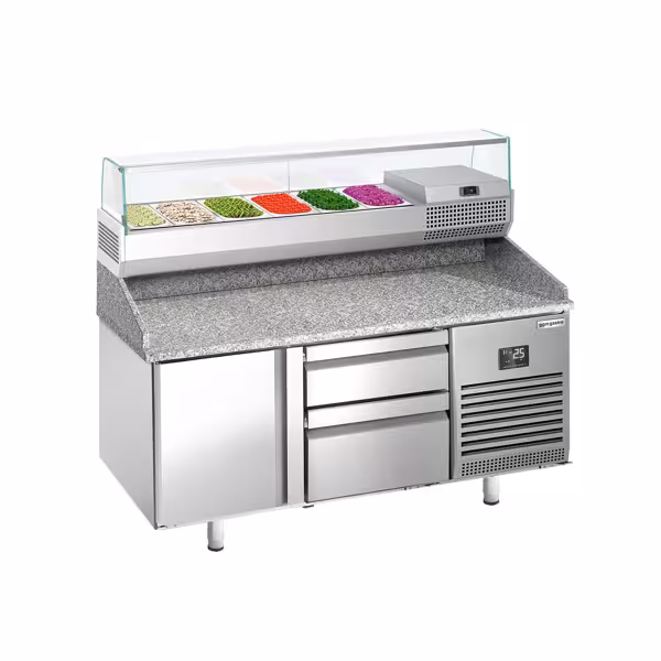 Stół chłodniczy do pizzy PREMIUM PLUS - 1490x700mm - z blatem granitowym - 1‑drzwiowy, 2 szuflady - z nadstawką chłodniczą z osłoną szklaną - 6x GN 1/4