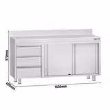 Edelstahl Arbeitsschrank ECO - 1600x600mm - mit 3 Schubladen links & Aufkantung