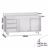 Stainless Steel Floor Cupboard ECO - 1600x600mm - with Sliding Doors - with 3 Drawers left & Upstand