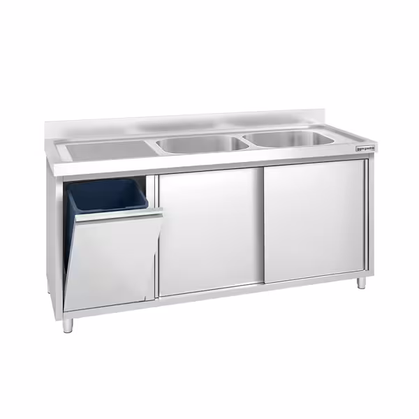 Commercial Sink Cabinet PREMIUM - 1600x600mm - with waste bin & 2 bowls right-hand