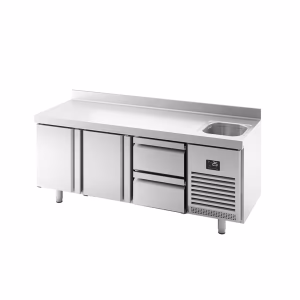 Kühltisch Premium PLUS - 1960x700mm - mit 1 Becken, 2 Türen, 2 Schubladen - Aufkantung