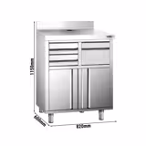 RVS werkkast - voor koffiezetapparaat - 820x600mm - met draaideuren, 2 laden & achteropstand