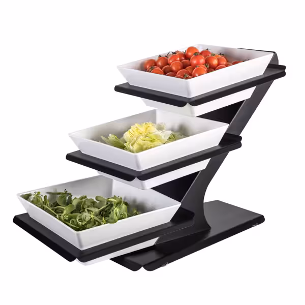 Buffetstandaard - zwart gecoat RVS & melamine - 3-laags - 300x300mm - incl. 3 melamineschalen 300x300mm