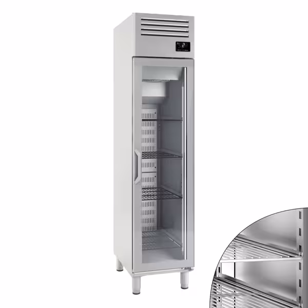 Koelkast RVS PREMIUM PLUS - GN 1/1 - EN 600x400 - 482mm - 325liter - tot +6°C - met 1 glazen deur - geforceerde koeling, LED‑verlichting & legroosters, slot & automatische ontdooiing