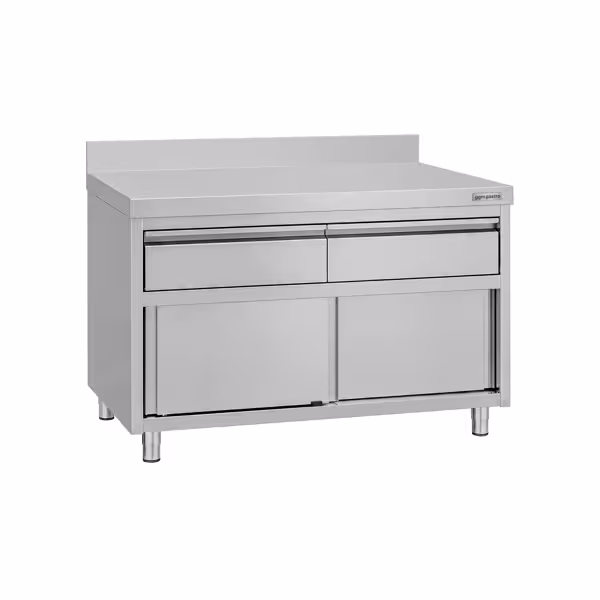 Roestvrijstalen werkkast ECO - 1200 x 600 mm - met opstaande rand - met 2 lades en schuifdeur