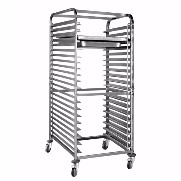 RVS regaalwagen - voor 18 dienbladen GN 1/1 of 18 dienbladen 60x40cm - met geluidsarme zwenkwielen