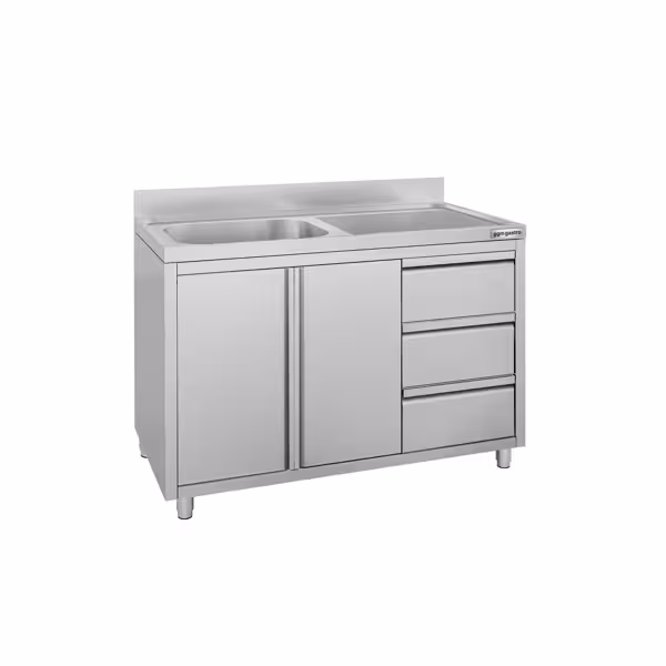 Diskbänk med underskåp ECO - i rostfritt stål - 1200x600 mm - 1 ho - vänster - 3 lådor