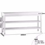 Mesa de trabalho em aço inoxidável PREMIUM - 2000x800mm - com prateleira inferior & com prateleira intermédia & com travessas de reforço