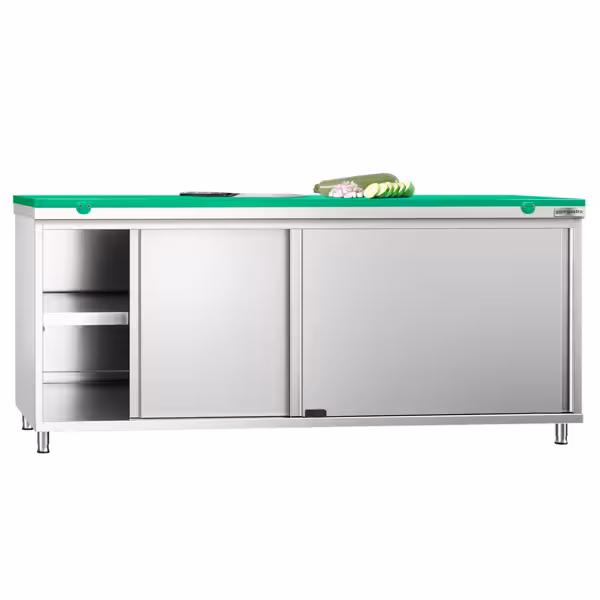 Table armoire en acier inoxydable PREMIUM - 2000x800mm - avec portes coulissantes - pour fruits et légumes - incl. plateau de découpe Vert PEHD (HACCP)