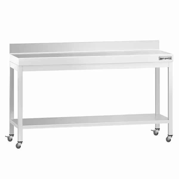 Edelstahl Arbeitstisch PREMIUM - 1800x800mm - mit Grundboden, Aufkantung & Rollen