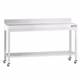 Table de travail en inox PREMIUM - 1800 x 600 mm - avec tablette inférieure, dosseret et roulettes