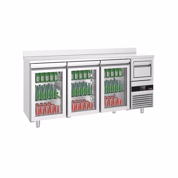 Stół barowy chłodniczy PREMIUM - 2140x600x1150mm - 632L - z 3 drzwiami, drzwi szklane, automatyczne odszranianie, blat z tylną rantą, wybijak do fusów z kawy, termostat cyfrowy, regulowane prowadnice i ruszty