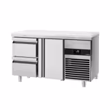 Hűtött munkaasztal PREMIUM - 1400x700 mm - GN 1/1 - 281 liter - ventilációs - 1 ajtóval - 2 fiókkal - vágódeszkával fehér - fehér